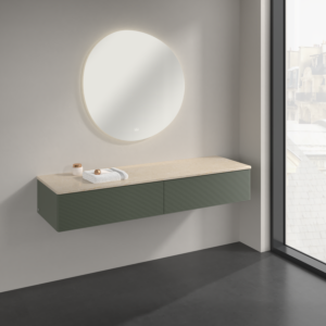 Buffet Villeroy &amp; Boch Antao K42103HL 160 x 26,8 x 50 cm, plan vasque couleur Botticino, laque mate vert feuille