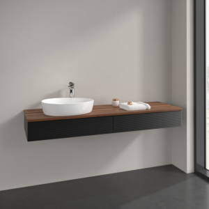 Villeroy &amp; Boch Antao vanity unit L15152PD with lighting, 160x19x50cm, tap hole, washbasin top color warm walnut, black matt lacquer