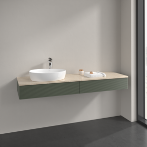 Meuble vasque Villeroy &amp; Boch Antao L15153HL avec éclairage, 160 x 19 x 50 cm, percé pour robinetterie, plan vasque couleur Botticino, laque mate vert feuille