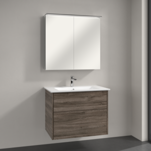 Villeroy & Boch Finero Badmöbel Set 80 cm, Stone Oak Waschtisch mit Waschtischunterschrank und Spiegelschrank