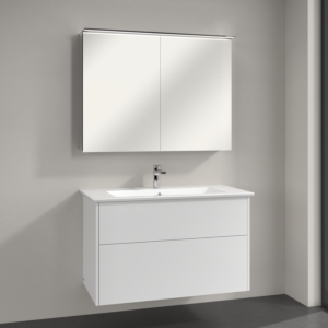 Villeroy & Boch Finero Badmöbel Set 100 cm, Glossy White Waschtisch mit Unterschrank und Spiegelschrank