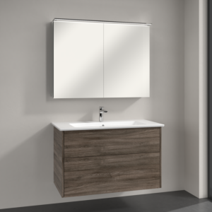 Villeroy & Boch Finero Badmöbel Set 100 cm, Stone Oak Waschtisch mit Waschtischunterschrank und Spiegelschrank