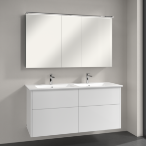 Villeroy & Boch Finero Badmöbel Set 130 cm, Glossy White Waschtisch mit Waschtischunterschrank und Spiegelschrank