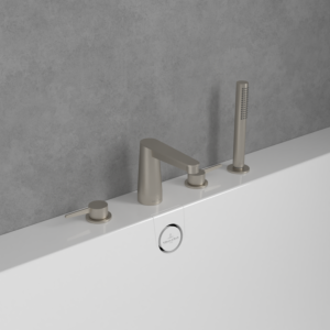 Mélangeur de bain à quatre trous Villeroy et Boch Conum TVT12700200064 avec douchette, nickel brossé noir