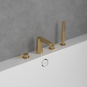 Mitigeur bain 4 trous Villeroy et Boch Conum TVT12700200076 avec douchette, or brossé