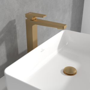 Villeroy und Boch Architectura Square Waschtischarmatur TVW12500200076 erhöht, mit Push-Open-Ablaufgarnitur, brushed gold