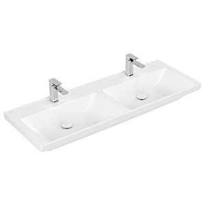 Villeroy and Boch Subway 3.0 double vanity washbasin 4A71D1RW 130x47cm, each with 2000 tap hole / without overflow, stone white C-plus