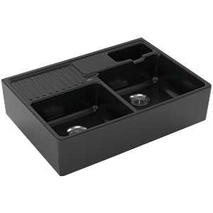 Évier double Villeroy &amp; Boch 632391R7 avec bonde, robinet de vidange, ouverture manuelle, noir pur
