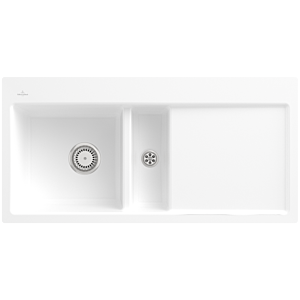 Villeroy et Boch Subway évier à chasse d&#39;eau 67701FRW vasque à gauche, avec garniture de vidage et commande manuelle, Stone White