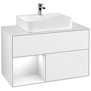Villeroy et Boch Finion Villeroy et Boch F111GFGF 100cm, plaque de finition noir mat, étagère gauche laqué blanc brillant, laqué blanc brillant