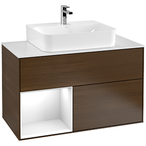 Villeroy et Boch Finion Villeroy et Boch F111GFGN 100cm, plaque de finition noir mat, étagère gauche laqué blanc brillant, placage noyer