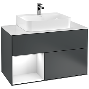 Villeroy et Boch Finion Villeroy et Boch F111GFHG 100cm, plaque de finition noir mat, étagère gauche laqué blanc brillant, Midnight Blue Matt Lacquer