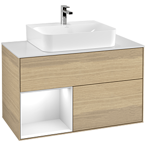 Villeroy et Boch Finion Villeroy et Boch F111GFPC 100cm, plaque de finition noir mat, étagère gauche laqué blanc brillant, Oak Veneer