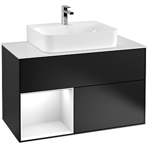 Villeroy und Boch Finion Waschtischunterschrank F111GFPD 100cm, Abdeckplatte black matt, Regal links Glossy white lacquer, Black matt lacquer