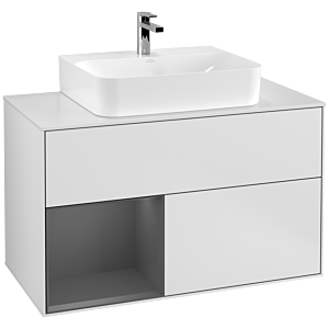 Villeroy und Boch Finion Waschtischunterschrank F111GKMT 100cm, Abdeckplatte black matt, Regal links Anthracite matt, White matt lacquer