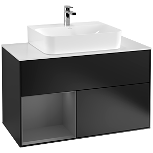 Villeroy und Boch Finion Waschtischunterschrank F111GKPD 100cm, Abdeckplatte black matt, Regal links Anthracite matt, Black matt lacquer