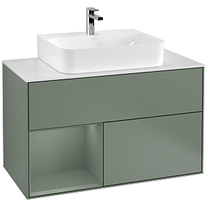 Villeroy und Boch Finion Waschtischunterschrank F111GMGM 100cm, Abdeckplatte black matt, Regal links Olive Matt Lacquer, Olive Matt Lacquer