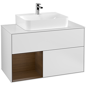Villeroy et Boch Finion Villeroy et Boch F111GNMT 100cm, plaque de finition noir mat, étagère gauche placage noyer, laqué blanc mat