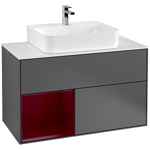 Villeroy und Boch Finion Waschtischunterschrank F111HBGK 100cm, Abdeckplatte black matt, Regal links Peony, Anthracite matt