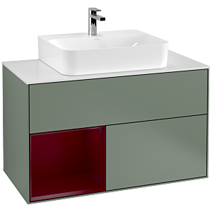 Villeroy und Boch Finion Waschtischunterschrank F111HBGM 100cm, Abdeckplatte black matt, Regal links Peony, Olive Matt Lacquer