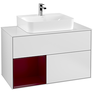 Villeroy und Boch Finion Waschtischunterschrank F111HBMT 100cm, Abdeckplatte black matt, Regal links Peony, White matt lacquer