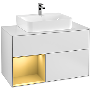 Villeroy et Boch Finion Villeroy et Boch F111HFMT 100cm, plaque de finition noir mat, étagère gauche or mat, laqué blanc mat