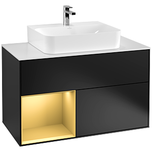 Villeroy und Boch Finion Waschtischunterschrank F111HFPD 100cm, Abdeckplatte black matt, Regal links Gold matt, Black matt lacquer