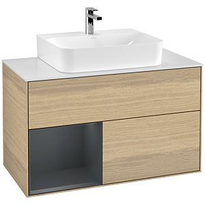 Villeroy und Boch Finion Waschtischunterschrank F111HGPC 100cm, Abdeckplatte black matt, Regal links Midnight Blue Matt Lacquer, Oak Veneer