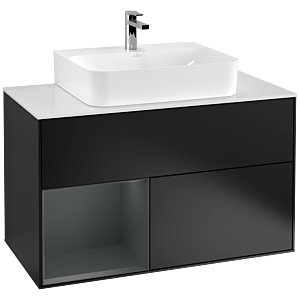 Villeroy und Boch Finion Waschtischunterschrank F111HGPD 100cm, Abdeckplatte black matt, Regal links Midnight Blue Matt Lacquer, Black matt lacquer
