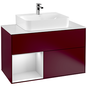 Villeroy und Boch Finion Waschtischunterschrank F111MTHB 100cm, Abdeckplatte black matt, Regal links White matt lacquer, Peony Matt