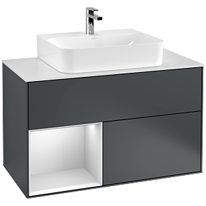 Villeroy und Boch Finion Waschtischunterschrank F111MTHG 100cm, Abdeckplatte black matt, Regal links White matt lacquer, Midnight Blue Matt Lacquer