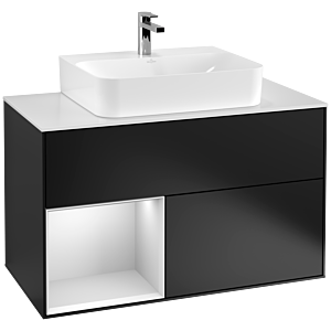 Villeroy und Boch Finion Waschtischunterschrank F111MTPD 100cm, Abdeckplatte black matt, Regal links White matt lacquer, Black matt lacquer
