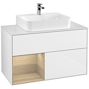 Villeroy et Boch Finion Villeroy et Boch F111PCGF 100cm, plaque de finition noir mat, étagère gauche Oak Veneer , laqué blanc brillant
