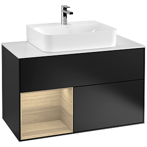 Villeroy und Boch Finion Waschtischunterschrank F111PCPD 100cm, Abdeckplatte black matt, Regal links Oak Veneer, Black matt lacquer