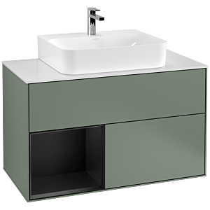 Villeroy et Boch Finion Villeroy et Boch F111PDGM 100cm, plaque de finition noir mat, étagère gauche laqué noir mat, Olive Matt Lacquer
