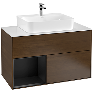 Villeroy et Boch Finion Villeroy et Boch F111PDGN 100cm, plaque de finition noir mat, étagère gauche laqué noir mat, placage noyer