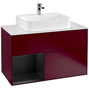 Finion Villeroy et Boch vasque F111PDHB 100cm, plateau en verre blanc mat, tablette gauche laqué noir mat, Peony Matt