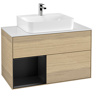 Villeroy und Boch Finion Waschtischunterschrank F111PDPC 100cm, Abdeckplatte black matt, Regal links Black matt lacquer, Oak Veneer