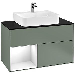 Villeroy et Boch Finion Villeroy et Boch F112GFGM 100cm, plaque de finition blanc mat, étagère gauche laqué blanc brillant, Olive Matt Lacquer