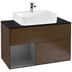 Villeroy und Boch Finion Waschtischunterschrank F112GKGN 100cm, Abdeckplatte white matt, Regal links Anthracite matt, Walnut veneer