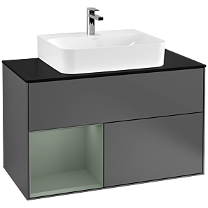 Villeroy und Boch Finion Waschtischunterschrank F112GMGK 100cm, Abdeckplatte white matt, Regal links Olive Matt Lacquer, Anthracite matt
