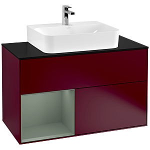 Villeroy und Boch Finion Waschtischunterschrank F112GMHB 100cm, Abdeckplatte white matt, Regal links Olive Matt Lacquer, Peony Matt