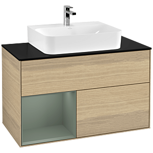 Villeroy et Boch Finion Villeroy et Boch F112GMPC 100cm, plaque de finition blanc mat, étagère gauche Olive Matt Lacquer , Oak Veneer