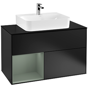 Villeroy und Boch Finion Waschtischunterschrank F112GMPD 100cm, Abdeckplatte white matt, Regal links Olive Matt Lacquer, Black matt lacquer