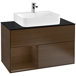 Villeroy und Boch Finion Waschtischunterschrank F112GNGN 100cm, Abdeckplatte white matt, Regal links Walnut veneer, Walnut veneer