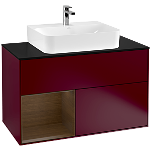 Villeroy und Boch Finion Waschtischunterschrank F112GNHB 100cm, Abdeckplatte white matt, Regal links Walnut veneer, Peony Matt