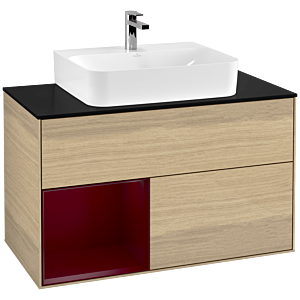 Villeroy und Boch Finion Waschtischunterschrank F112HBPC 100cm, Abdeckplatte white matt, Regal links Peony, Oak Veneer