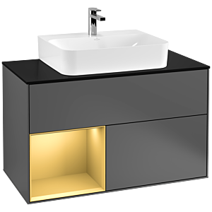Villeroy und Boch Finion Waschtischunterschrank F112HFGK 100cm, Abdeckplatte white matt, Regal links Gold matt, Anthracite matt