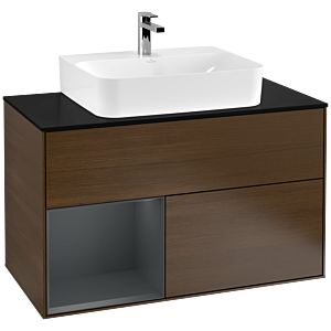Villeroy et Boch Finion Villeroy et Boch F112HGGN 100cm, plaque de recouvrement blanc mat, étagère gauche Midnight Blue Matt Lacquer , placage noyer