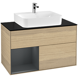 Villeroy et Boch Finion Villeroy et Boch F112HGPC 100cm, plaque de finition blanc mat, étagère gauche Midnight Blue Matt Lacquer , Oak Veneer